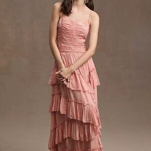 BHLDN Jessa Asymmetrical Ruffled Drop-Waist Gown - Blush & Metallic thread